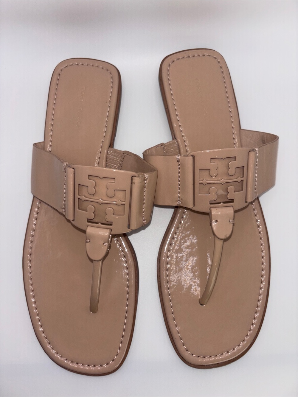 Tory Burch Patent Leather T-Strap Sandals in Nude Blush - Picture 2 of 8
